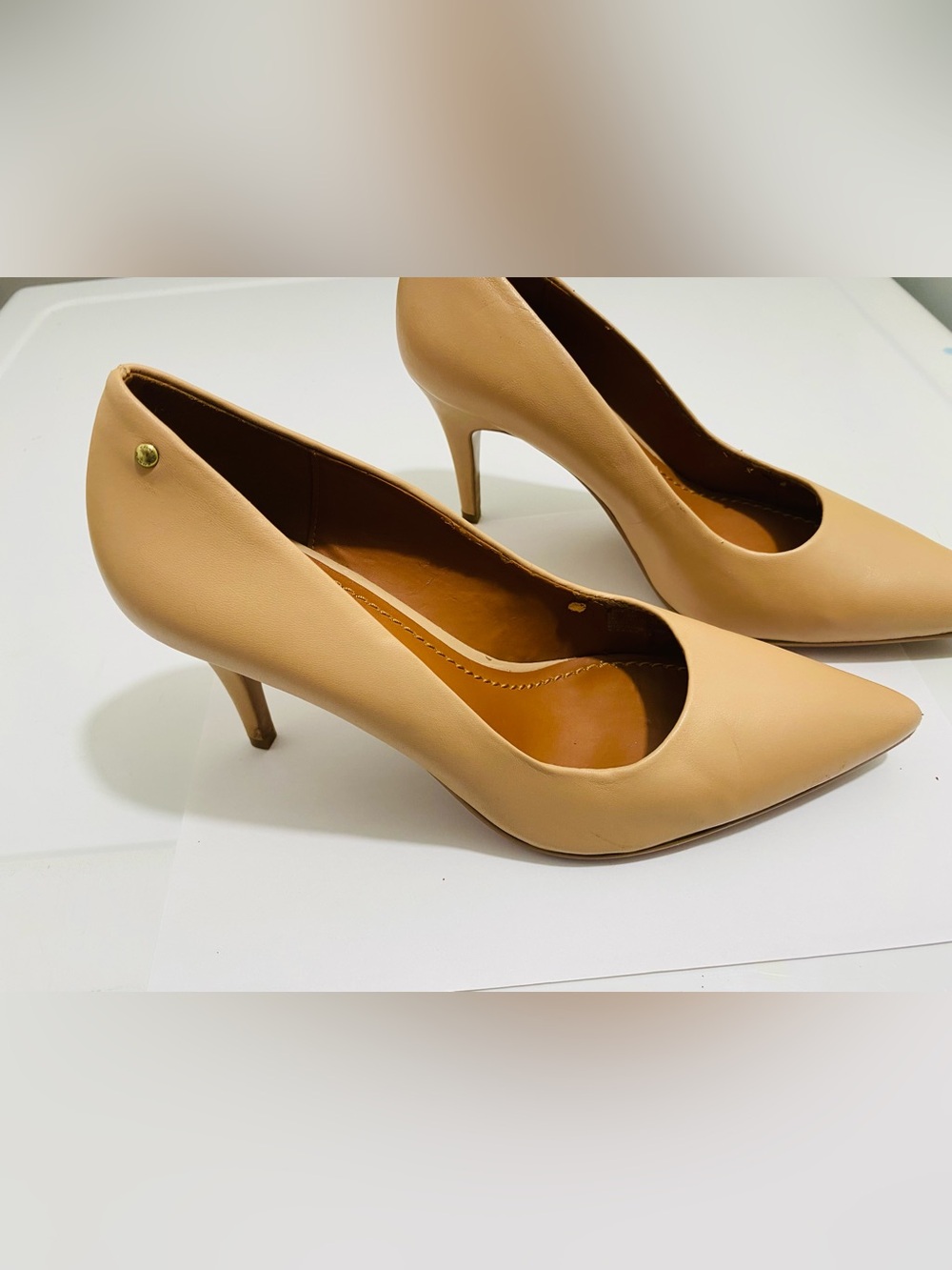 Coach Tan Leather Mid-Heel Pumps with Coach GoldStud Accent